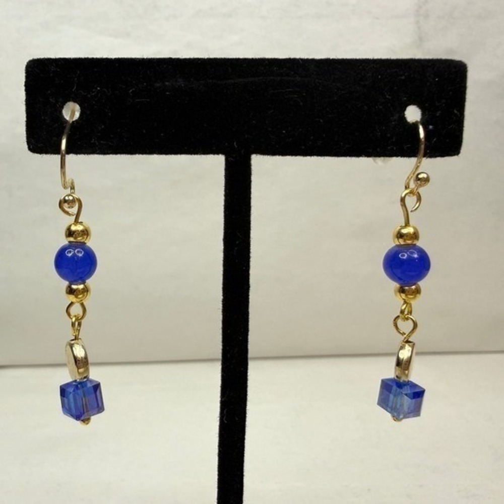 18K Gold Plated Hook Royal Blue Agate Bead Crystal Dangle Drop Earrings Jewelry